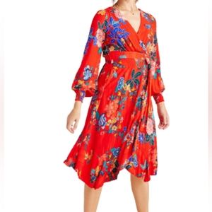 Anthropologie Boswell long sleeves wrap ruffle floral dress color red/blue size2